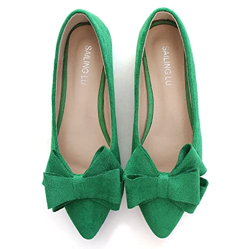 Sailing Lu Bow-Knot Ballet Flats Womens Pointy Toe Flat Shoes Suede Dress Shoes Wear To Work Slip On Moccasins Spring Green Size 10 #TOP2