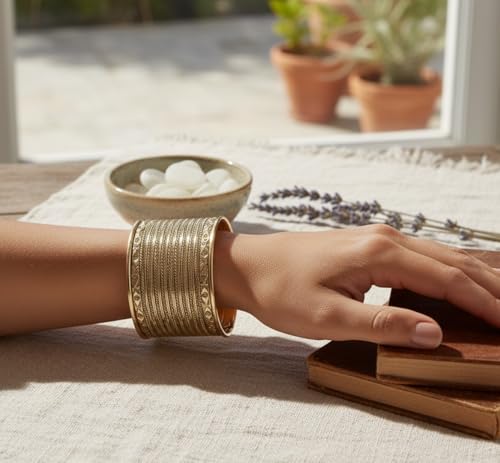 Image of Touchstone Indian Bollywood Desire Brass Base Exotic Workmanship Free Size Cuff Bracelet in Antique Gold Or White Or Copper Tone for Women.