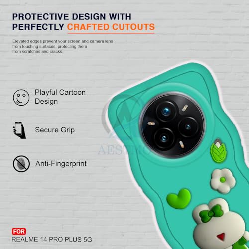 Image of AESTMO Back Case Cover for Realme 14 Pro Plus 5G | 3D Cute Fun Cartoon Characters | Anti Slip Grip Cute Wave Curly Frame Shape | Back Cover for Realme 14 Pro Plus 5G (Green)