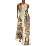 Vintage Ancient Egyptian Pharaoh Statue Sleeveless Long Dresses for Women Maxi Casual Dress with Pockets SundressM