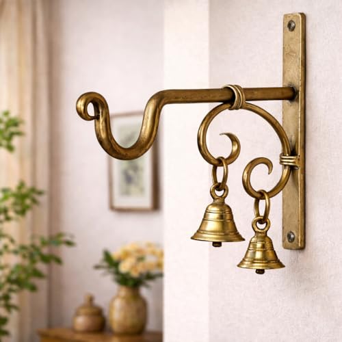 Image of Antique Brass Wall Bracket with Bells | 7.5 Inch Heavy Duty Wall Hanging Hook (Pack of 1) for Plants, Lanterns, Bird Feeders & Wind Chimes | Indoor Outdoor Decor