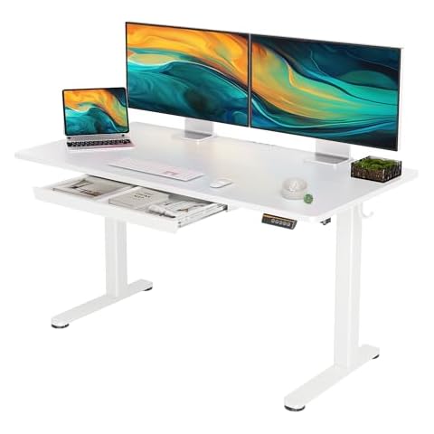 YDN Standing Desk with Drawers, 55 x 24 Inch Electric Adjustable Height Stand Up Desk, Sit Stand Computer Desk for Home Office, White Cover