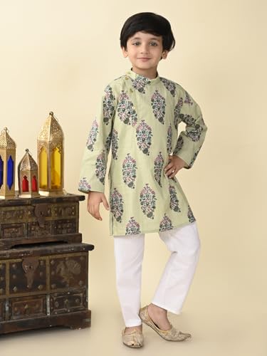 Image of superminis Boys Cotton Full Sleeves Side Open Sanganeri Printed Kurta With Pyjama Set