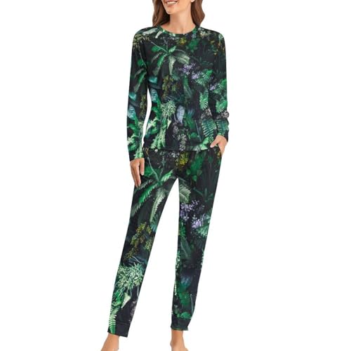 Pyjama femme manches longues respirant et pantalon stretch feuille tropicale