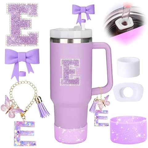 MOTEERLLU 6pcs Stanley Cup Accessories Set,Bow Straw Cover for Stanley Cup 30oz 40oz, Including Straw Topper,Spill Proof Stopper,Sparkly Silicone Boot Set,Handle Charm,Initials Sticker (E) Cover