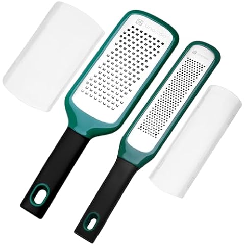 linoroso Lemon Zester & Cheese Grater Set of 2 - Kitchen Handheld Grater Tool for Cheese, Garlic, Ginger, Nutmeg, Chocolate, Fruits - Razor Sharp Stainless Steel Blade with Protective Cover Cover