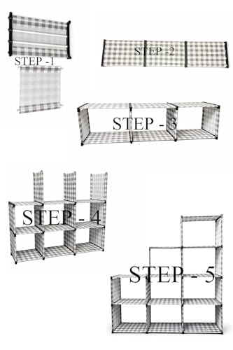 Image of Modular Storage Shelf, 9-Cube Organizer, Stepped Design, Black Frame with Grey Checkered Pattern, 138x130x30 cm (9-Cube Book Shelf)