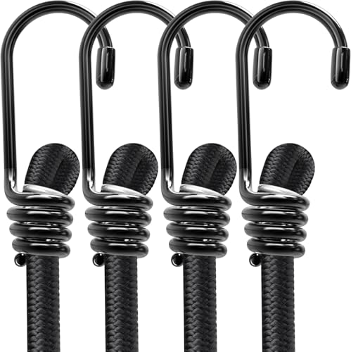 28 Black Bungee Cords with Hooks Heavy Duty Outdoor Bungee Straps Weatherproof Strong Elastic Cords for Securing Tarp Luggage Tents Bikes Car Cargo or Garden Tie Downs (4 Pack)