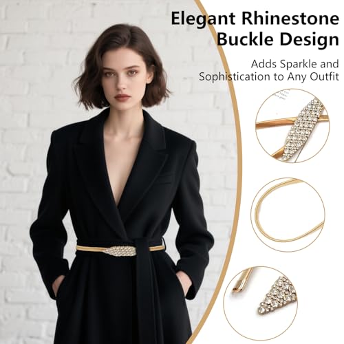 Gold Belt for Dress Women Dressy Thin Women's Rhinestone Skinny Metal Elastic Belt for Plus Size Curvy Formal Belt for Evening Dresses Waist Size 28"-35"4