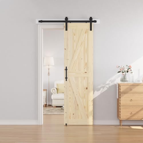 Image of SmartStandard 24in x 84in Sliding Barn Wood Door Pre-Drilled Ready to Assemble, DIY Unfinished Solid Spruce Wood Panelled Slab, Interior Single Door Only, Natural, K-Frame (Fit 4FT Rail)