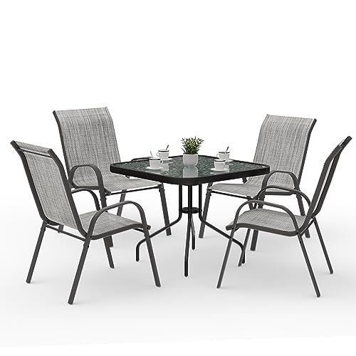 Amopatio Outdoor Dining Set of 5, Patio Table and Chairs Set, Textured Glass Tabletop, 4 Stackable Patio Chairs, Patio Furniture, Balcony, Porch, Lawn- Light Grey