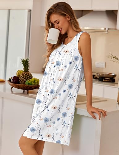 Image of Ekouaer Nightgowns for Women Button Up Sleepshirt Tank Sleeveless Nightshirt Soft Sleepwear with Pockets S-XXXL