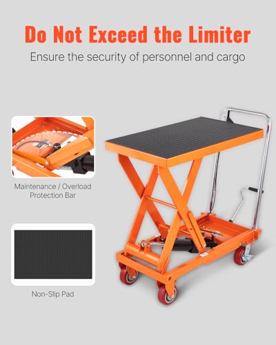 Image of VEVOR 1100 LBS Hydraulic Lift Table Cart with 11 inch-35.4 inch Lift Range, Hydraulic Scissor Cart with Non-Slip Pad & 4 Wheels, Manual Single Scissor Lift for Material Handling and Transportation