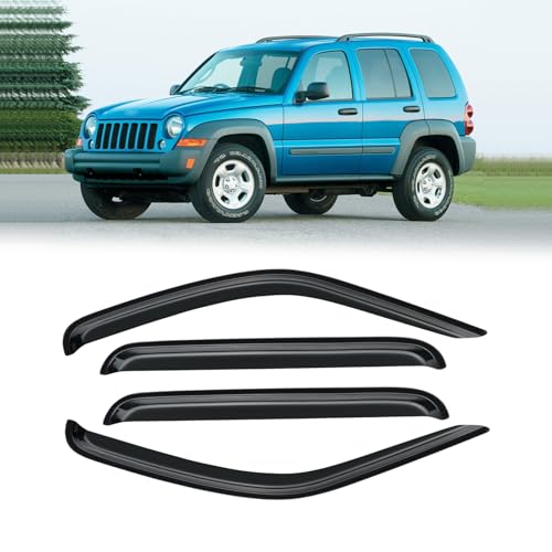 Image of Window Visor for 2002-2007 Jeep Liberty (KJ), Out-Channel Rain Guards Shields Vent Deflector Shade Wind Dark Smoke 2003 2004 2005 2006 02 03 04 05 06 07, Outside-Mount, 4PCS