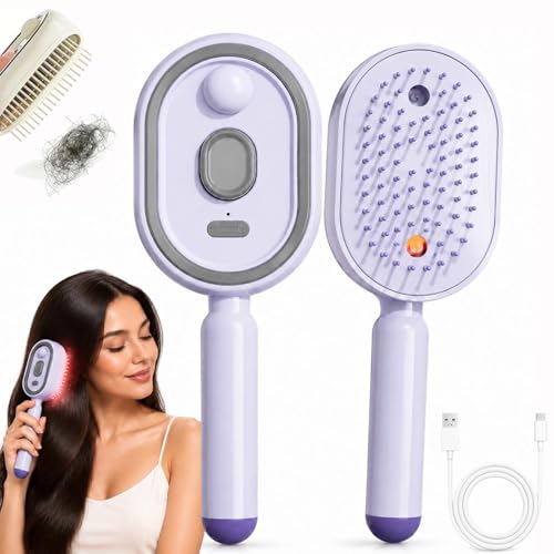 Electric Spray Air Cushion Massage Comb For Women Electric Spray & Massage Hair Brush 3-in-1 Self-Cleaning Anti-Tangle Detangling Rechargeable Cordless Steam Brush for Wet & Dry Hair (Purple)