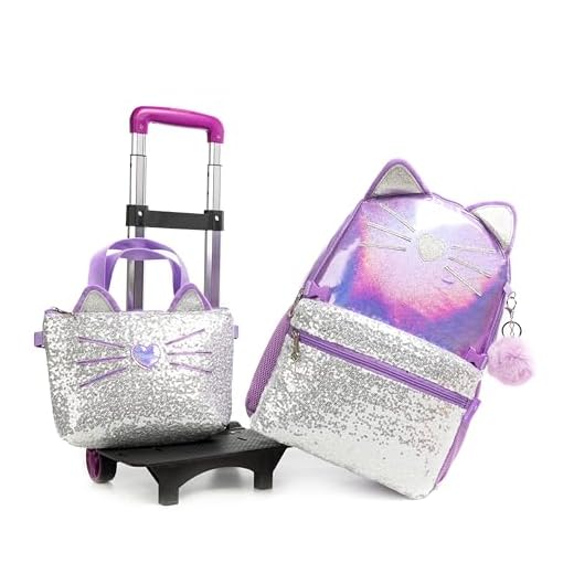 Mochilas de Rodinhas Infantis CUTBLAJAT - Kit com Lancheira e Estojo - Estilo Princesa com Carrinho de Rodinhas - Estilo de gato com padrão de coração de cor clara prateada e roxa