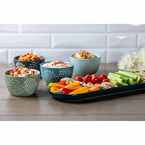Baum Mums Ceramic Serve 5-Piece Serve Set (1) Tray & (4) Bowls Blue Floral Appetizer Serving Bowls Set, White #TOP3