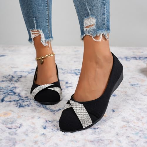 Women's Lightweight Fashion Rhinestone Wedge Shoes, Glitter Comfortable Orthopedic Slip-On Ballet Flats, Womens Black Ballet Round Toe Comfy Pump Low Heel2