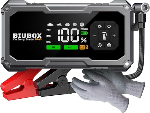 Car Jump Starter with Air Compressor BiuBox 8500A 150PSI Car Battery Jump Starter for All Gas /9L Diesel 12V Car Battery Charger Jump Starter with Insulated Gloves LED Display 500lm Light