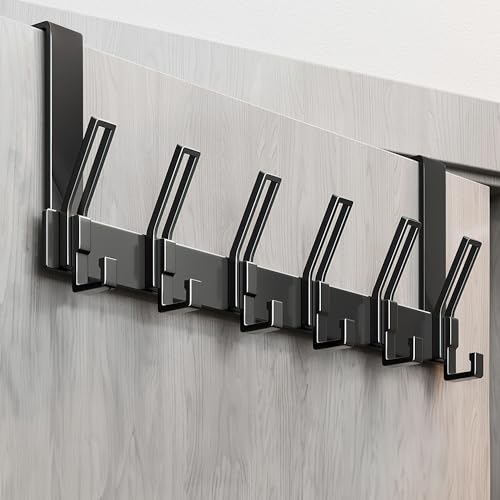 MIVITOOM No Drill Over The Door Hooks - 6 Black Heavy Duty Hooks Holds 44lbs, Sturdy Aluminum Door Hanger for Coats, Hats, Bags, Towels, Robes, Space Saving Organizer for Home, Dorm, Office