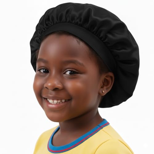 DONNA Comfort Band Kids Bonnet – Silky Satin Sleep Cap for Girls – Wide Band – Stays On All Night – Soft & Comfortable, Black