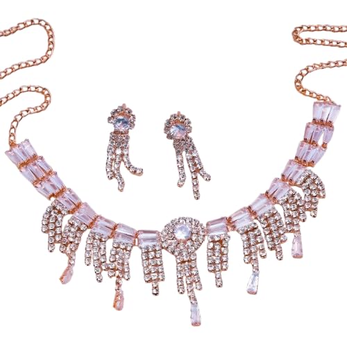 Luxury Rose Gold Crystal Fringe Necklace Set – Rhinestone Dangle Collar Necklace & Drop Earrings for Women, Bridal & Party