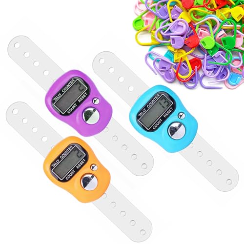 3 Piezas Contador de Dedos, Contadores Electrónicos De Dedos, Reiniciable con Pantalla Digital Contador, Contador De Dedos Digital para Tejido Filas Punto Ganchillo, Morado, Naranja, Azul