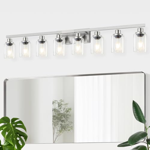 Image of 52inch Brushed Nickel Vanity Light Fixtures, 8 Light Brushed Nickel Bathroom Vanity Lights Over Mirror, Matte Nickel Modern Bathroom Wall Lighting for Mirror Bedroom,Living Room