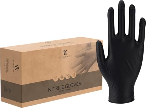 Essentialz Black Nitrile Disposable Gloves Large Pack of 100 Latex-Free Powder-Free Food Safe CE Certified Extra Soft & Elastic for Cleaning Cooking Tattoo & Salon