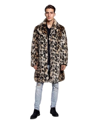 UMREN Men's Luxury Faux Fur Coat Jacket Winter Warm Long Coats Overwear Outwear Leopard M
