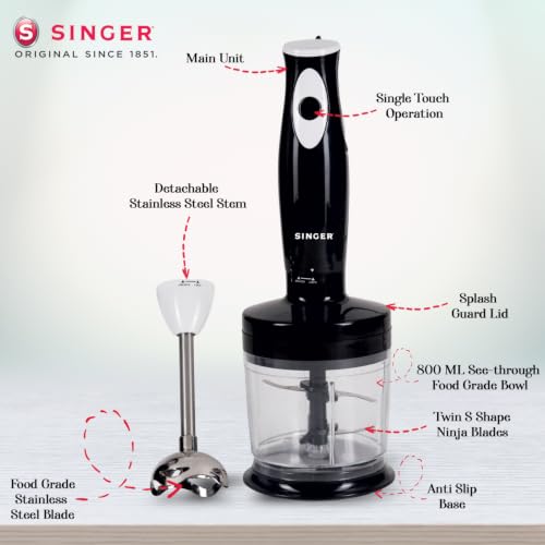 Image of SINGER Blendprep Hand Blender 300W Powerful Copper Motor | 3-in-1 Blender, Chopper & Whisk | Silent DC Motor | Stainless Steel Ninja Blade | Easy Push Button | 2-Year Warranty | ISI Certified