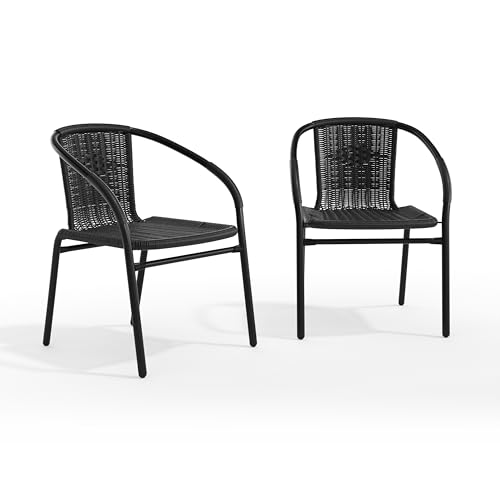 Image of EMMA + OLIVER Set of 2 Modern PE Rattan Stack Chairs, Indoor /Outdoor Patio Dining Chairs, No Assembly Required, Black