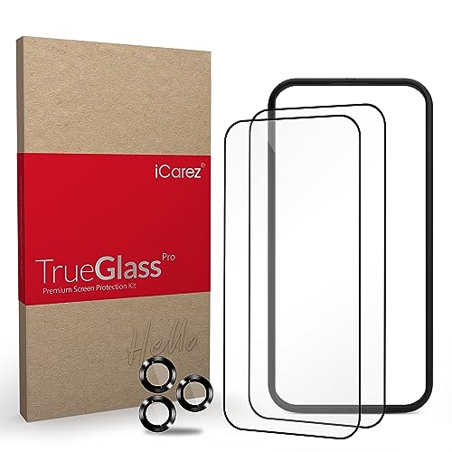 iCarez Tempered Glass Screen Protector for iPhone 15 Pro 6.1-inches 2023 [2-Pack] Case Friendly Full Coverage Tray installation Black Frame