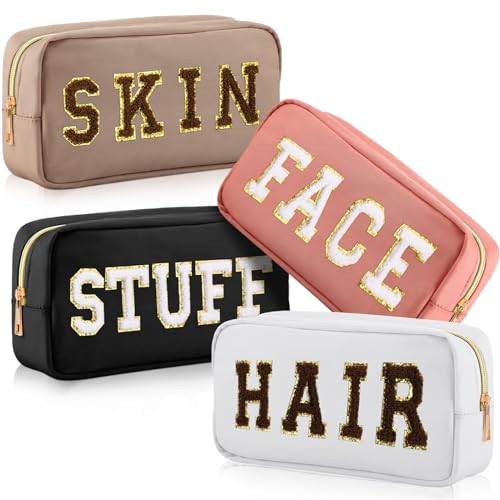Remerry 4 Pcs Nylon Makeup Bags Waterproof Spacious Travel Cosmetic Bag for Women Chenille Letter Preppy Zipper Pouch Face Stuff Skin Hair Organizer Gift(Black Nude Pink White Coffee)