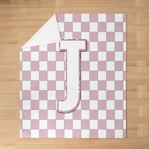 Image of Erosebridal Pink Initial J Fuzzy Plush Throw Kawaii Plaid Checkered Fleece Blanket Cute Personalized Monogram Flannel Blanket for Kids Girls,Fashion Grids Gingham Decor for Bed Couch 40 inchx50 inch