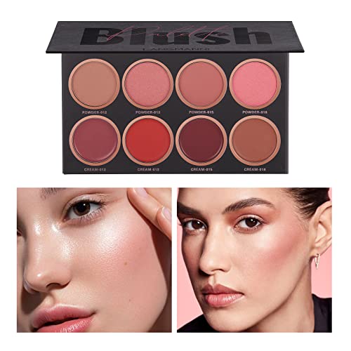 8 Colors Blush Palette, 4 Powder + 4 Cream Blush Palette, Contour and Highlight Blush Palette, Matte Light Luxury Blush Powder Bright Shimmer Face Blush, Professional Facial Beauty Cosmetic Makeup Blush