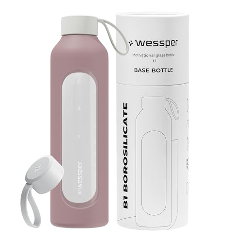 Wessper botella agua 1 litro, Botellas cristal Motivadora rosa empolvado | botella de cristal para agua, Escala de Hidratación, Botellas de Vidrio Borosilicato con Funda de Silicona, sin BPA