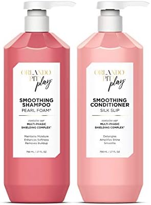 ORLANDO PITA PLAY Salon Size Smoothing Pearl Foam Shampoo & Silk Slip Conditioner Set for Textured, Damaged or Color-Treated Hair, Maintains Moisture, Amplifies Shine & Enhances Softness, 27 Fl. Oz. Each