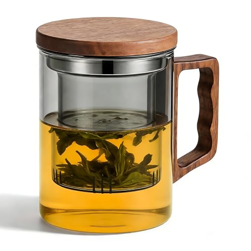 HFceram Glass Tea Cup with Infuser and Lid, 13.5 oz/400 ml,Black Borosilicate Glass Tea Mugs for Loose Leaf Tea, Wooden Handle Teacup, Ideal Gift, Clear