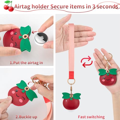 PSRAT Airtag Keychain Holder - Cute Kawaii Faux Leather Case 3-in-1 with Hidden Keychain Cover, Detachable Wrist Strap & Anti-Loss Hand Band, Anti-Scratch Protective Case for Airtag (cherry) - image 7