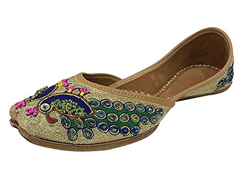 Image of Punjabi Jutti Flats for Women,Multicolor Peacock Design Shoes Bohemian Sandles,Handmade Indian Beaded Trad