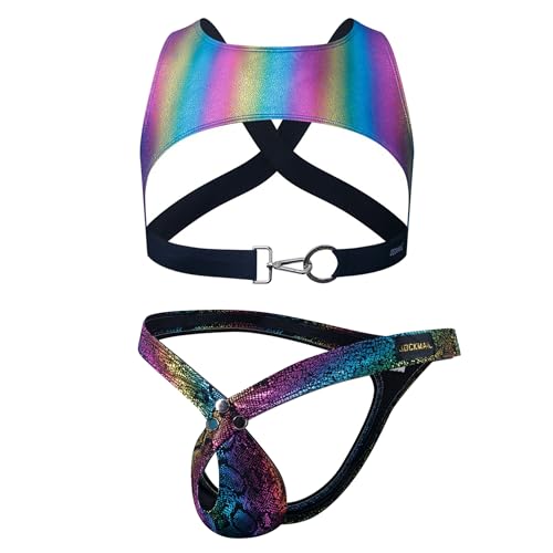 JOCKMAIL Mens Elastic Shoulder Harness with Mens Snake Print T-Back Thong Set for Sports and Fitness