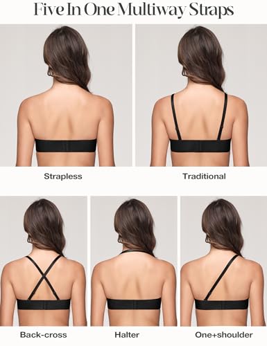 Image of Wingslove Women's Strapless Lace Bra Push Up Wirefree Bras Multi-Way Convertible Straps Padded Support Plus Size