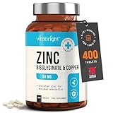Zinc Supplements with Copper | 50mg Daily | 400 Zinc Tablets | 6+ Months | Zn Bisglycinate for Men & Women | High Absorption, High Strength Zink and Copper Supplement | Made in UK | VitaBright