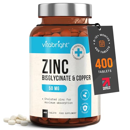 Zinc Supplements with Copper | 50mg Daily | 400 Zinc Tablets | 6+ Months | Zn Bisglycinate for Men & Women | High Absorption, High Strength Zink and Copper Supplement | Made in UK | VitaBright