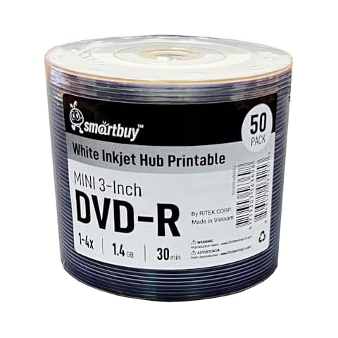 50 Pack Smartbuy Mini DVD-R 3 inch 8cm 4X 1.4 GB 30 Min Blank Recordable Disc for Camcorders Handycam Cover