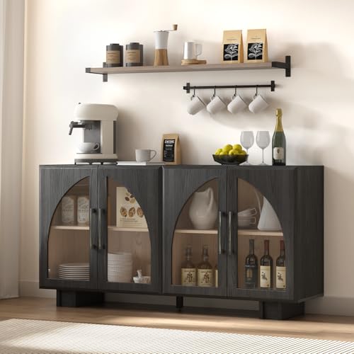Image of Sideboard Buffet Cabinet with Storage, 63 inch Modern Accent Cabinet with Glass Doors, Minimalist Media Console with Adjustable Shelves, Arched Credenza for Living Room Entryway Kitchen, Black