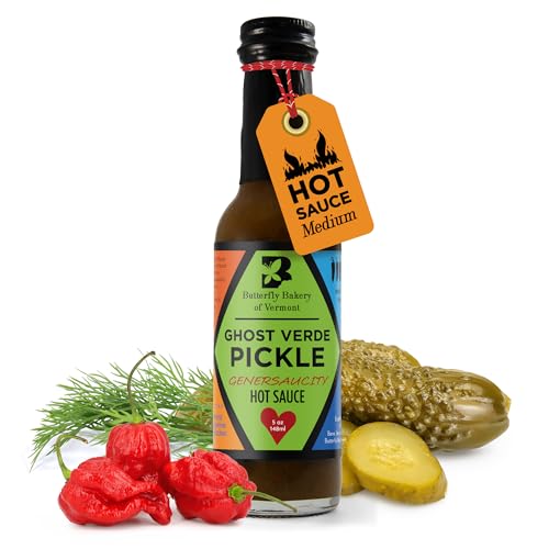 Image of Butterfly Bakery of Vermont - Ghost Verde Pickle Genersaucity Hot Sauce, Bold Medium-Hot Heat, Spicy Pickled Flavor - Vegan & Vegetarian - Made with Natural, Vermont-Grown Ingredients, 5 fl oz
