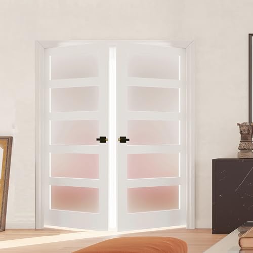 Image of 64 inch x 80 inch French Doors, 5-Lite Frosted Glass Interior Door with Black Door Levers, Pantry Door Slabs for Bathroom Bedroom Pantry Laundry Closet Door, Assembly Required