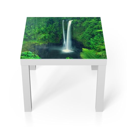 DEQORI Mesa de cristal pequeña de color blanco, 55 x 55 cm, diseño de oasis oculto, mesa auxiliar de cristal, brillante para el salón, moderna mesa de sofá con diseño